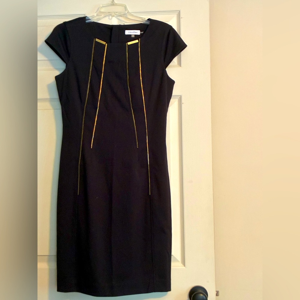 Calvin Klein Black Dress with Gold Details on Front 
Gold Tone back zipper